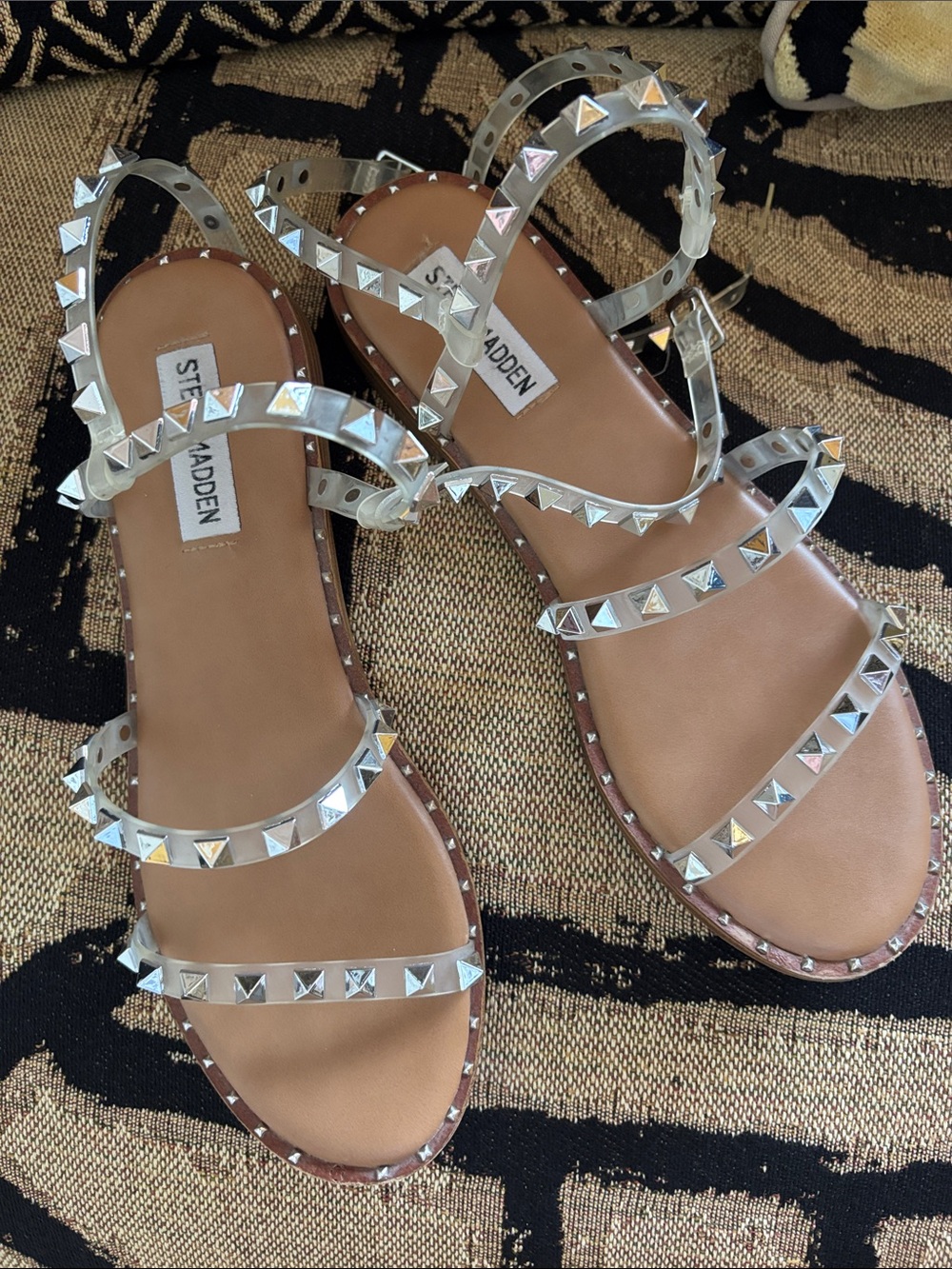 Steve Madden Clear Studded Strappy Sandals with Tan Footbed